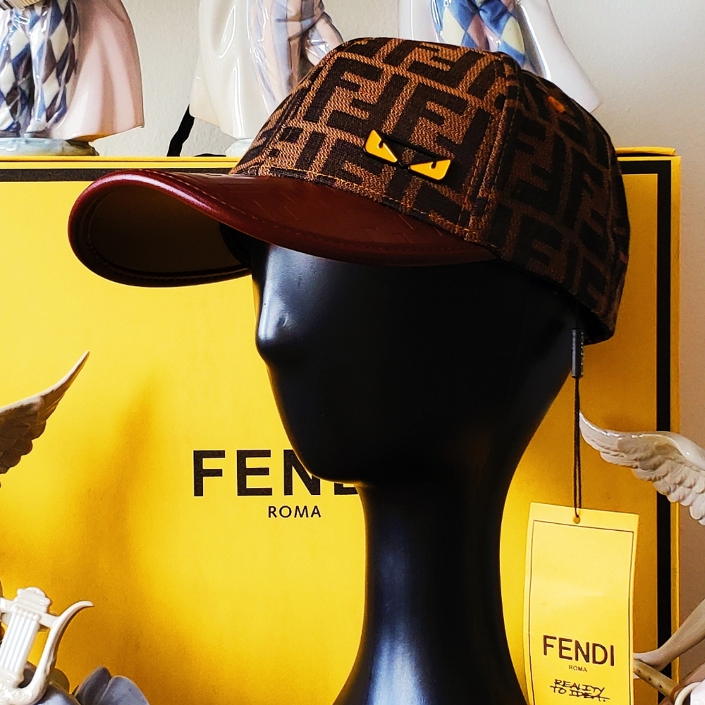 Fendi Brown FF Monster Eyes monogram baseball cap hat Thick Leather Brim - Picture 3 of 5